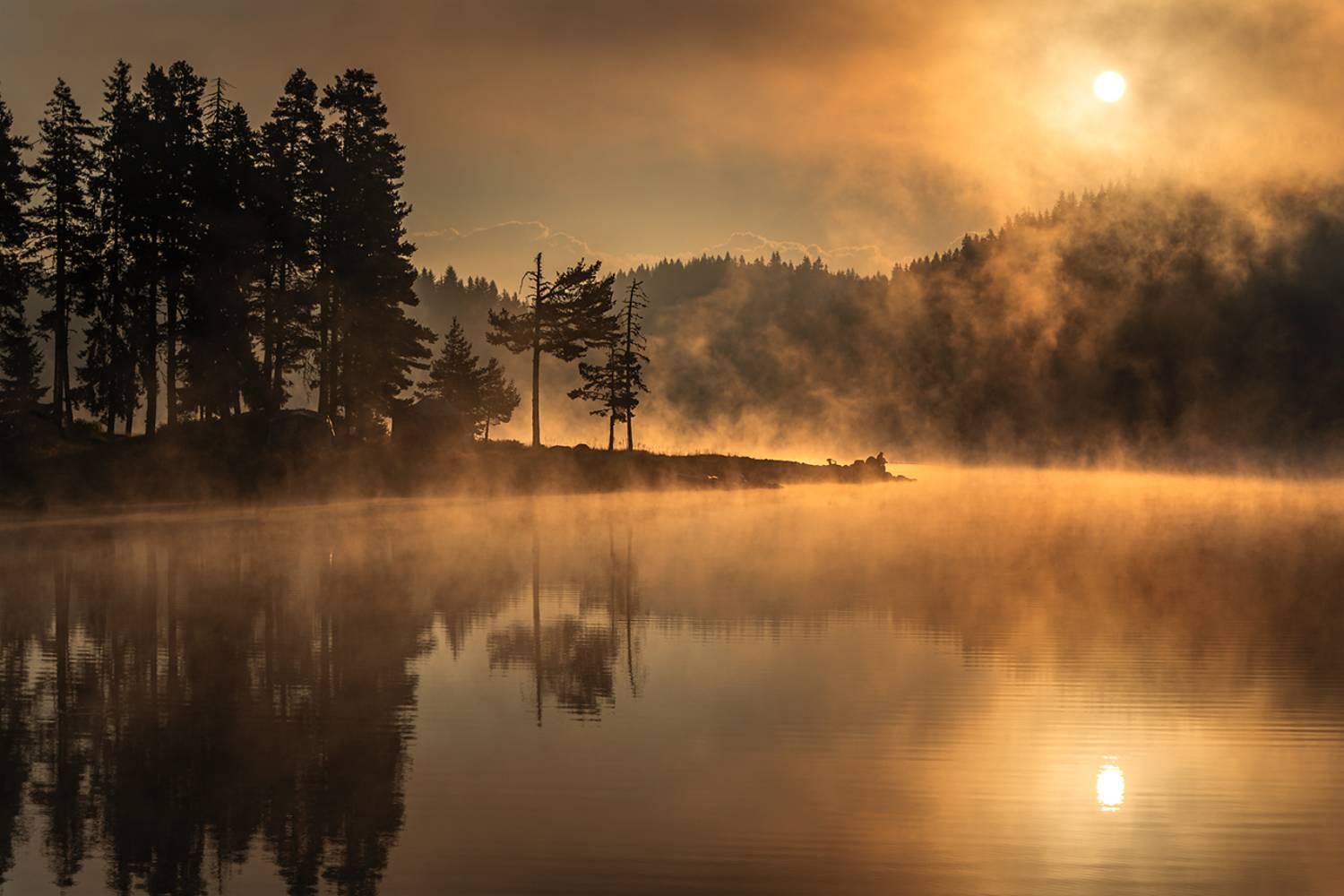 landscape nature scenery summer sunrise morning dawn lake reflection fog foggy mist misty clouds mountain trees пейзаж рассвет горы озеро, Александър Александров