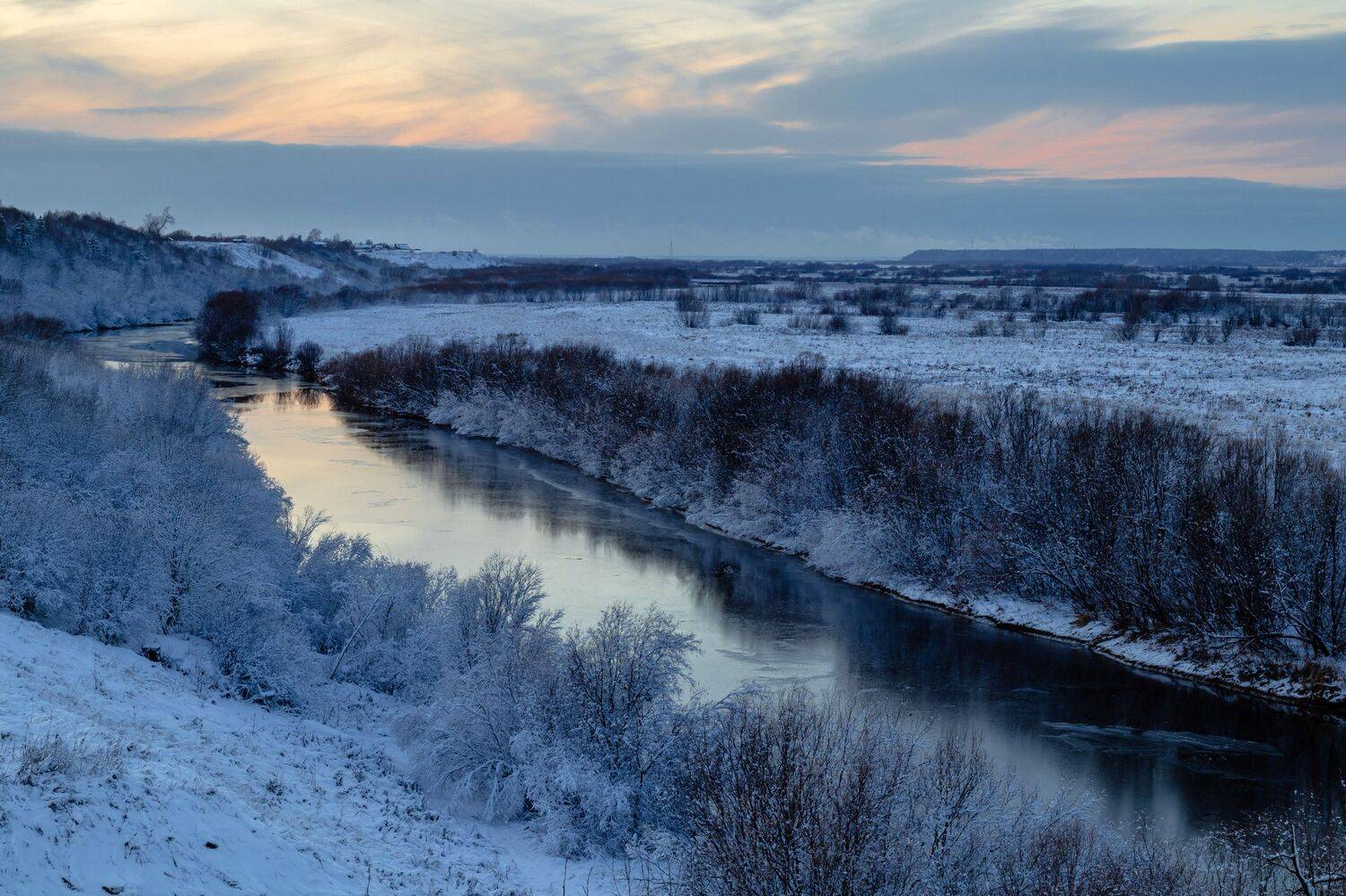 вечер, природа, закат, холм, река, мороз, снег, север, небо, Александр Титов