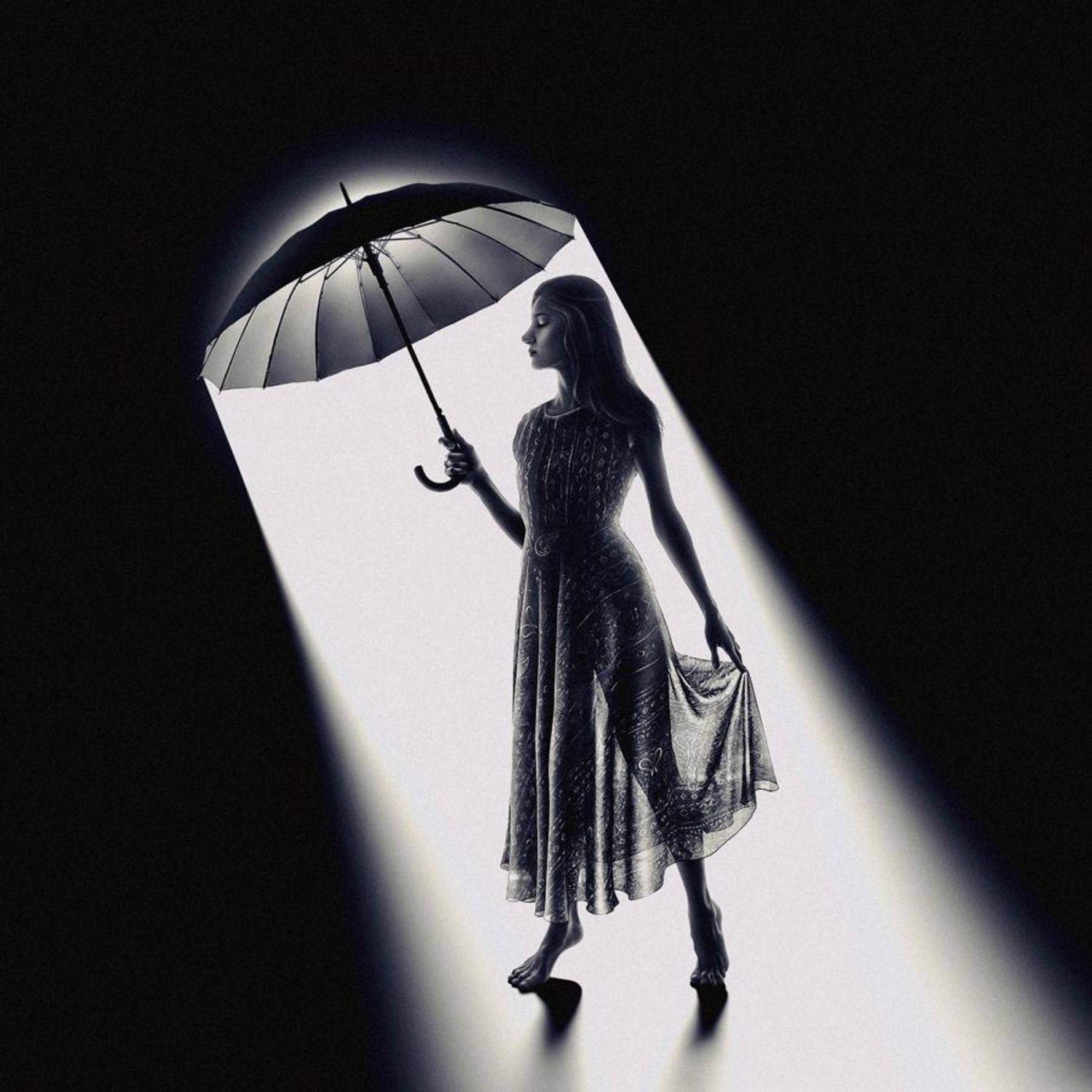SURREAL,FANTASY,IMAGINATION,DREAM,DREAMING,WOMAN,SURREALISM,ART,MONTAGE,DARK,LIGHT,SHADOW,UMBRELLA,FINE ART,CONCEPTUAL,DRESS,RAIN, Nur Ernehir