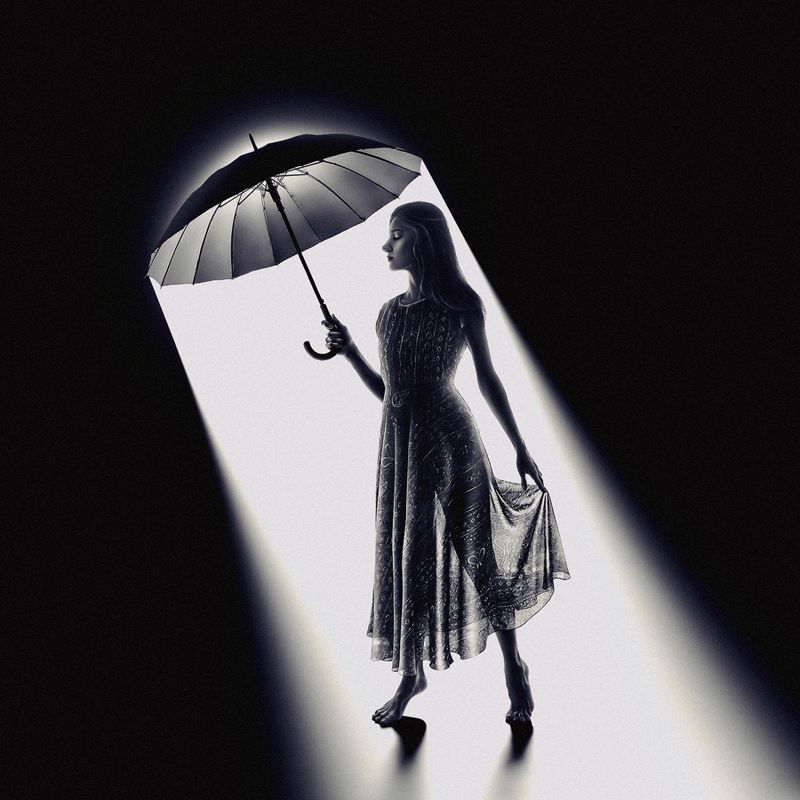 SURREAL,FANTASY,IMAGINATION,DREAM,DREAMING,WOMAN,SURREALISM,ART,MONTAGE,DARK,LIGHT,SHADOW,UMBRELLA,FINE ART,CONCEPTUAL,DRESS,RAIN Against The Dark фото превью