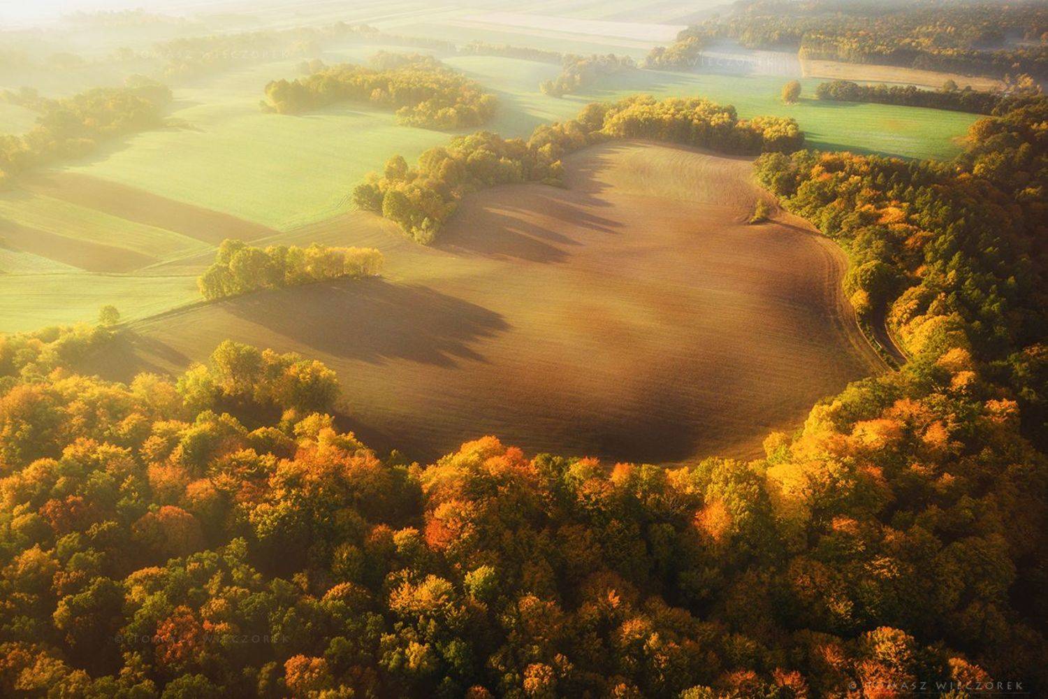 landscape, poland, light, autumn, awesome, amazing, sunrise, sunset, lovely, nature, travel, drone, trees, orange, shadows, dji, colors, fields, heart, Tomasz Wieczorek
