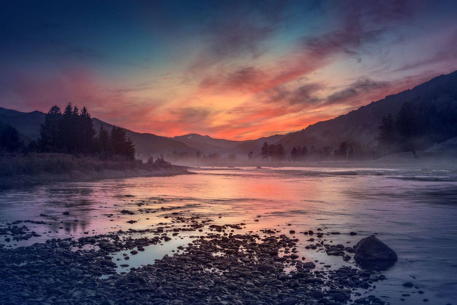 пейзаж, природа, закат, вечер, река, речка, облака, небо, горы, степь, самаха, деревья, вода, отражения, красный, алтай, Дмитрий Антипов