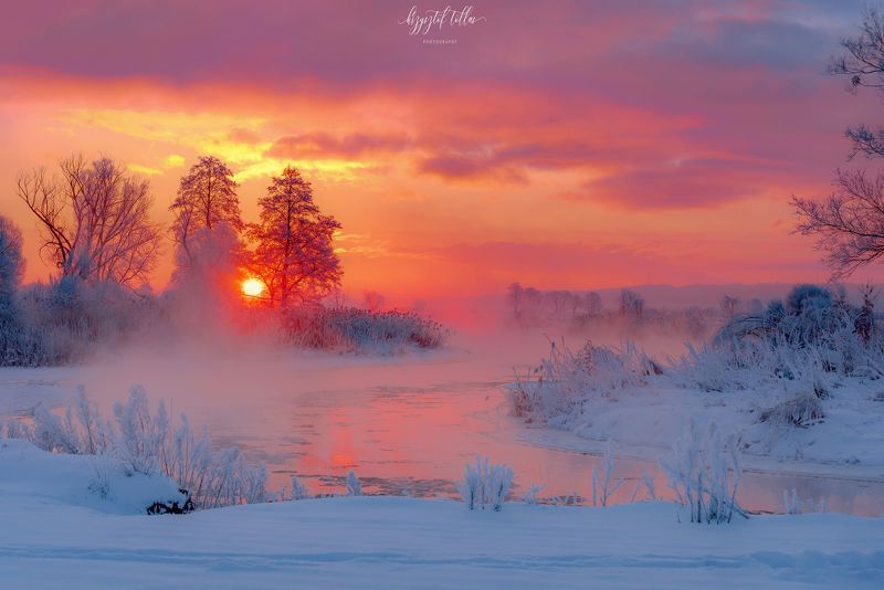 winter, frost, dawn, landscape, nature, river, Gwda, sky, clouds, fog, light, sun, trees, dreaming, water, reflection in the water, nikon  Frosty winter sunrise over the Gwda River (2) фото превью