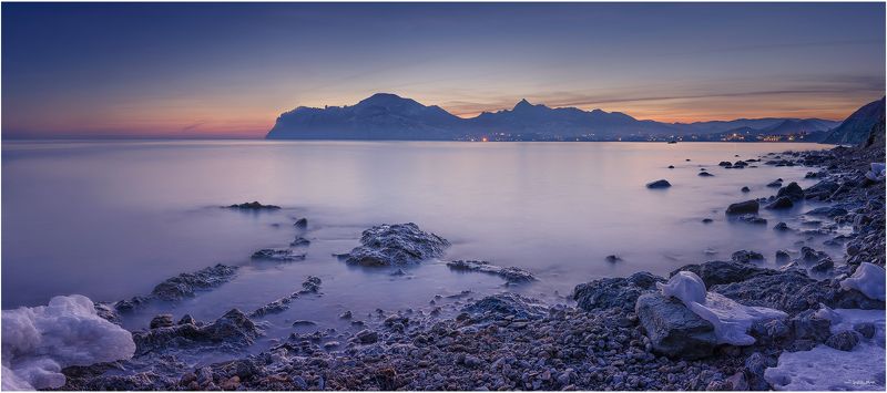 Длинная выдержка, Закат, Кара-даг, Коктебель, Крым, Море, Панорама, Черное море  фото превью