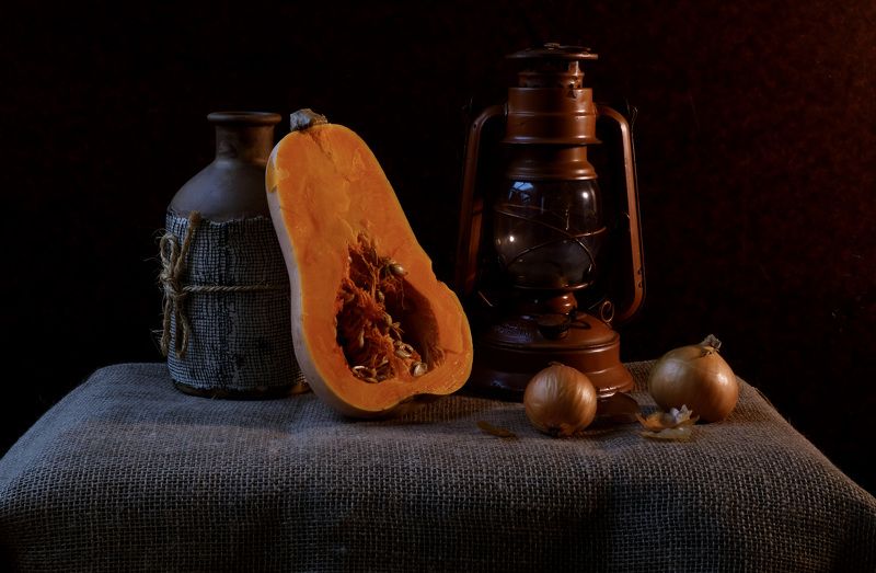 Still life, pumpkin, vegetables, oil lamp, light, onion, jug, autumn, kitchen,  Осенний вечер фото превью