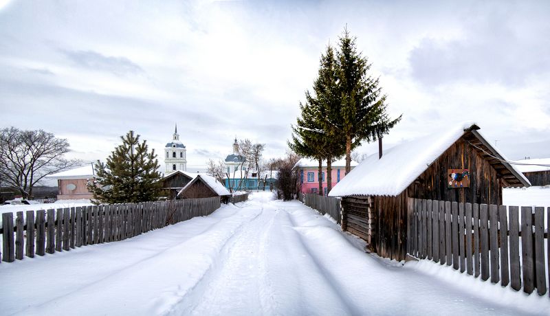 село, пейзаж, церковь, рассвет, осень, снег заснеженная улочка фото превью