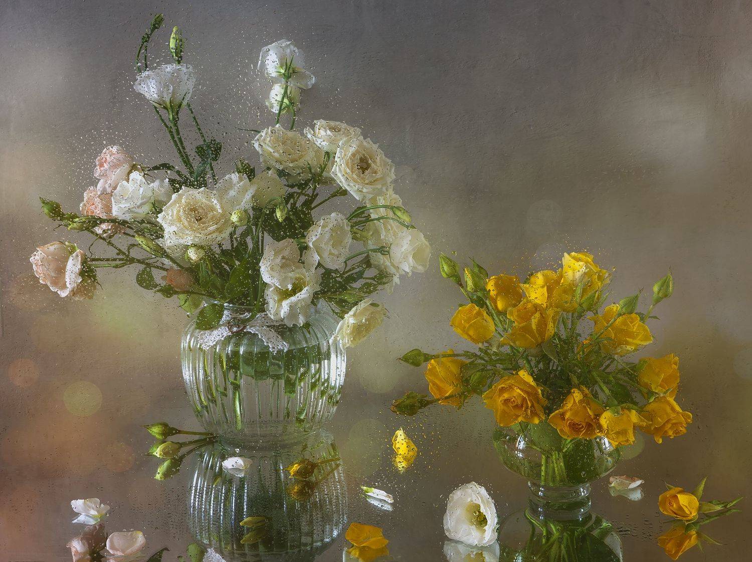 эустомы, букет, капли, стекло, отражение,, Галина Тришина