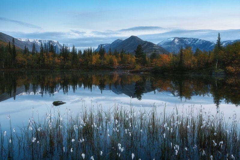 россия, мурманская область, кольский полуостров, хибины, заполярье, осень, природа, пейзаж, лесотундра, осень, закат, отражение, озеро Безмятежность фото превью