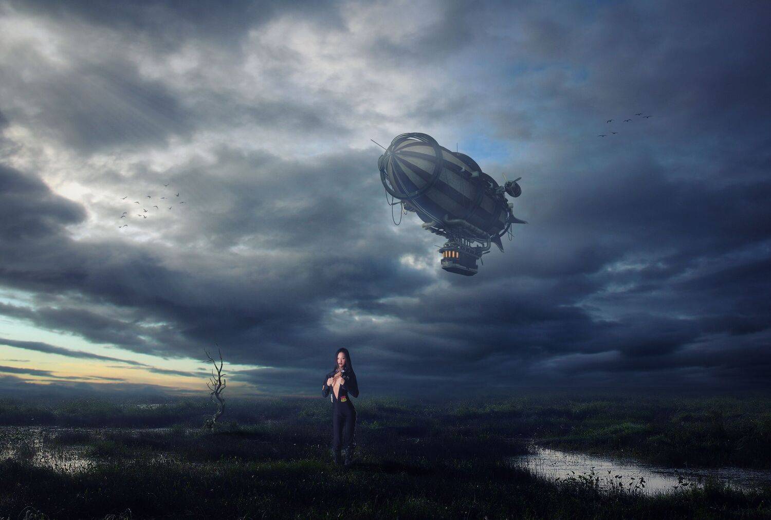 дирижабль, девушка, облака, Sergii Vidov