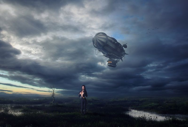 дирижабль, девушка, облака ***** фото превью