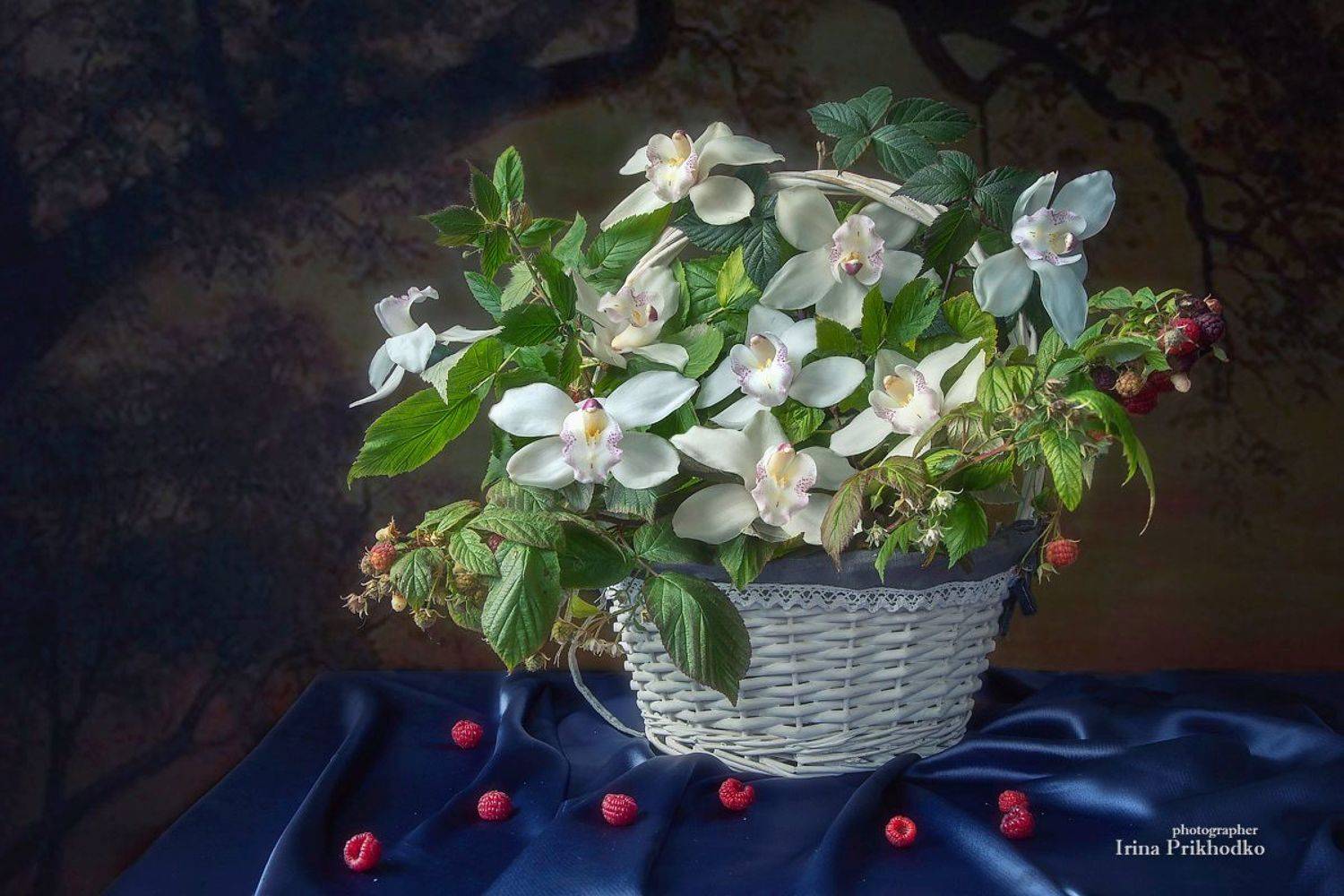 натюрморт, корзина, ветки малины, орхидеи, Ирина Приходько