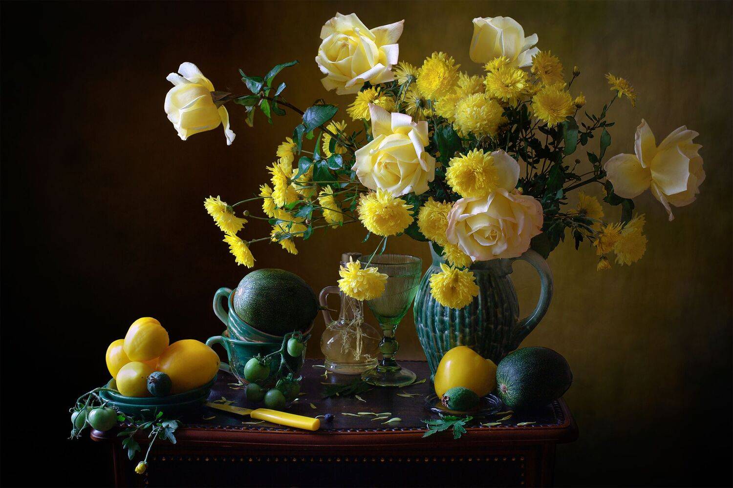 миламиронова, фотонатюрморт, осень, букет, цветы, астры, розы, жёлтый, кувшин, бокал, Мила Миронова