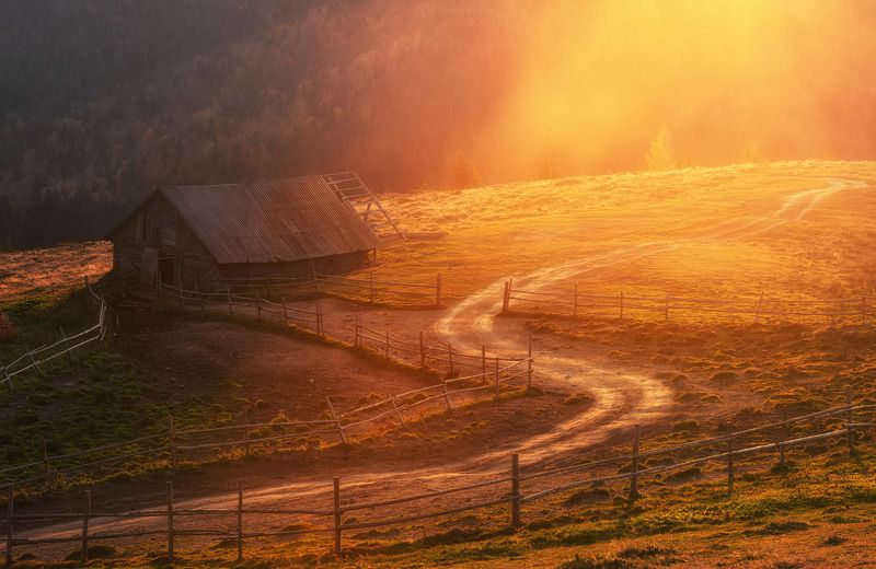 горы, свет, восход, утро, горы, деревья, дом, дорога, тень, туман, путь, дерево, заброшенный, забытый, сломан, разрушение,  забор, деревня, цвета, цветная, Дом восходящего солнца фото превью