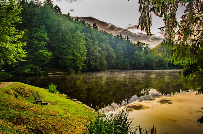 пейзаж, озеро, вода, отражение, дымка, природа Вечерний покой фото превью