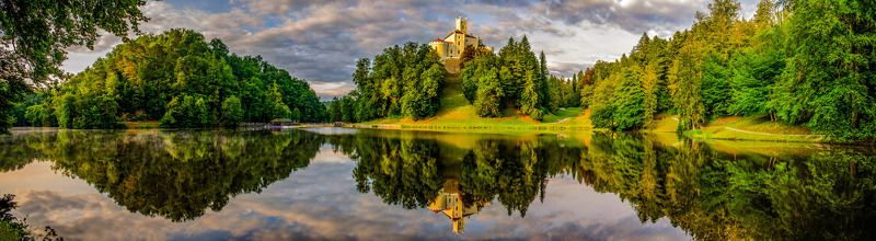 пейзаж, озеро, вода, отражение, дымка, природа Тракошчанский замок, Хорватия фото превью