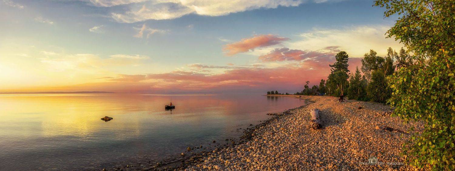 байкальский вечер,  путешествия по россии, путешествия на автомобиле, путешествия, побережье, пейзаж,  панорама, освещение, озеро, новоснежная, закат, вечер, байкал, рыбалка,, Игорь Сарапулов