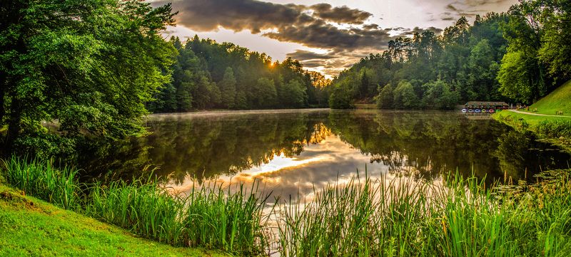 пейзаж, озеро, вода, отражение, дымка, природа Тихий вечер фото превью