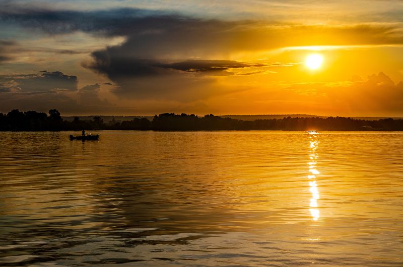 солнце, закат, река, силуэт, пейзаж Закат фото превью