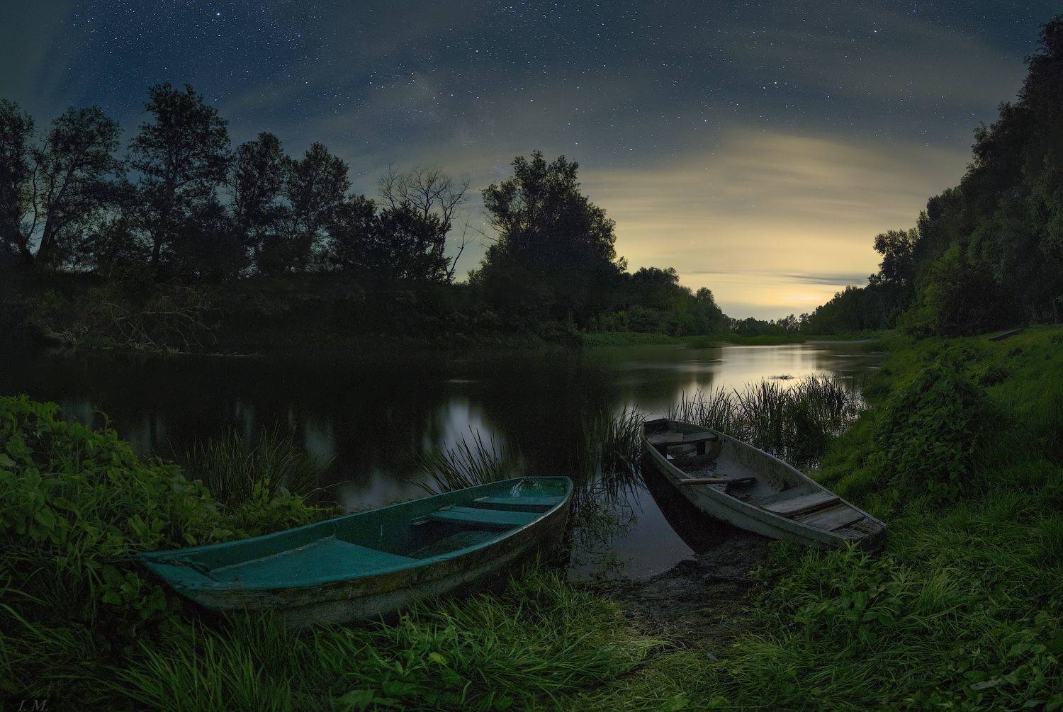 ночь, река, лодки, звезды, лето, пейзаж, ночная сьемка, nightscape, boats, summer, river, reflections, panorama, stars, astronomy, moonset, glow, light, Ivan Maljarenko
