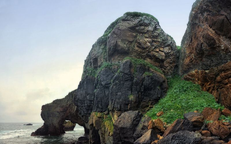 панорама, скала слон, слон, хобот, кекуры, рифы, прибрежные скалы, туман, прибой, россия, пейзаж, природа, дальний восток,  японское море, приморье, приморский край, ольгинский район Каменный слон фото превью