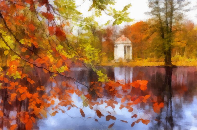 быково, беседка, осень, акварель, листва, пруд Ротонда фото превью