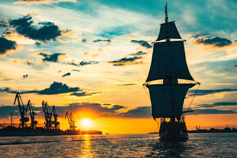 frigate, sea, sail, transportation, boat, ship, cruise, vessel, sailboat, historic, nautical, navigation, water, wooden, voyage, vintage, tall, sky, old, navy, wind, travel, maritime, galleon, transport, ancient, adventure, yacht, wave, marine, mast, anti The Frigate Shtandar in calm weather sailing sunset time Riga Latvia фото превью