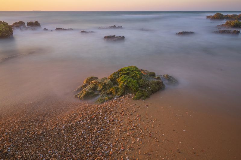 seascape, long exposure, nature, beach\\\' rocks sunset over the sea фото превью