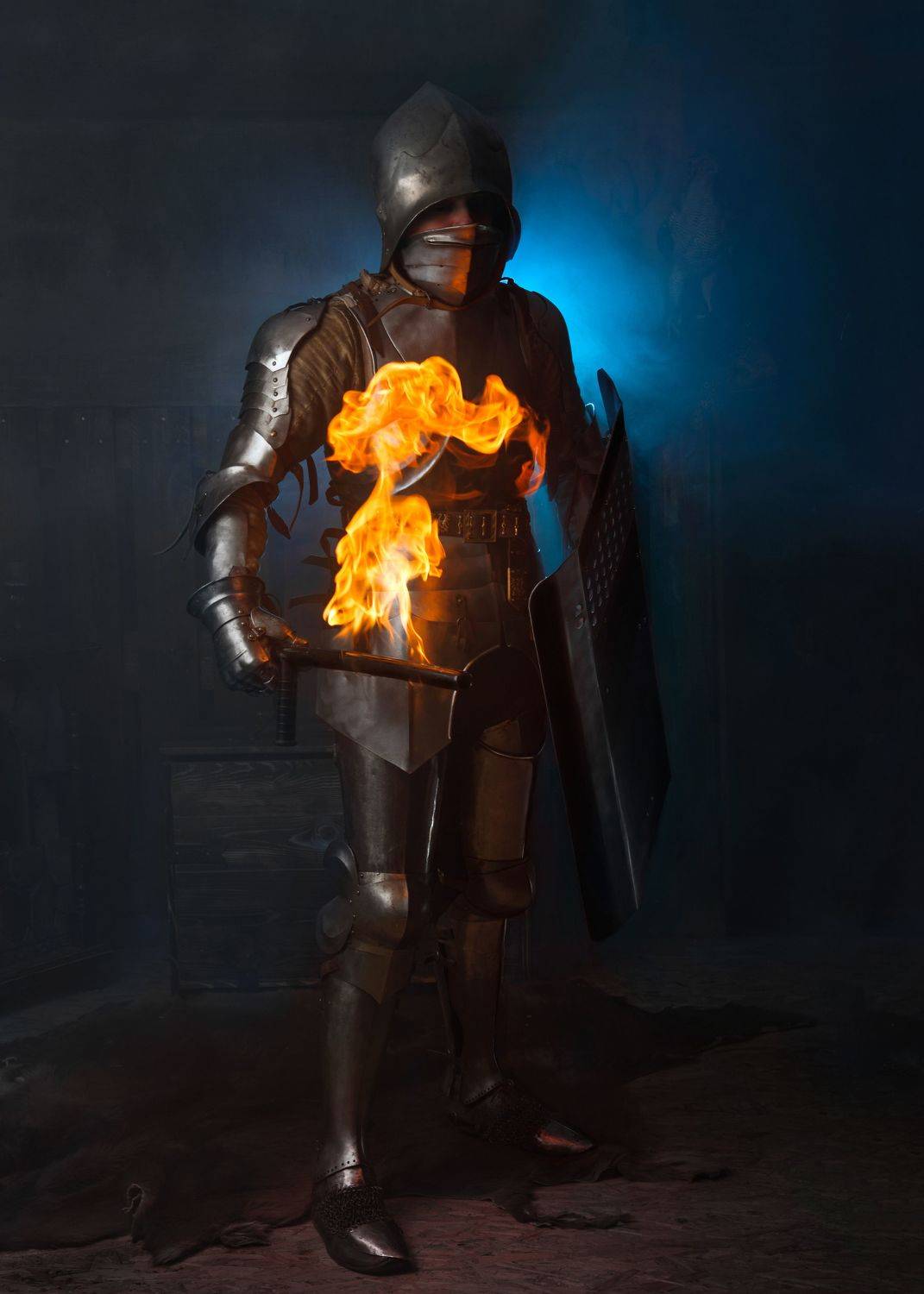 Рыцарь, огонь, дубинка, щит, Александр Никитин