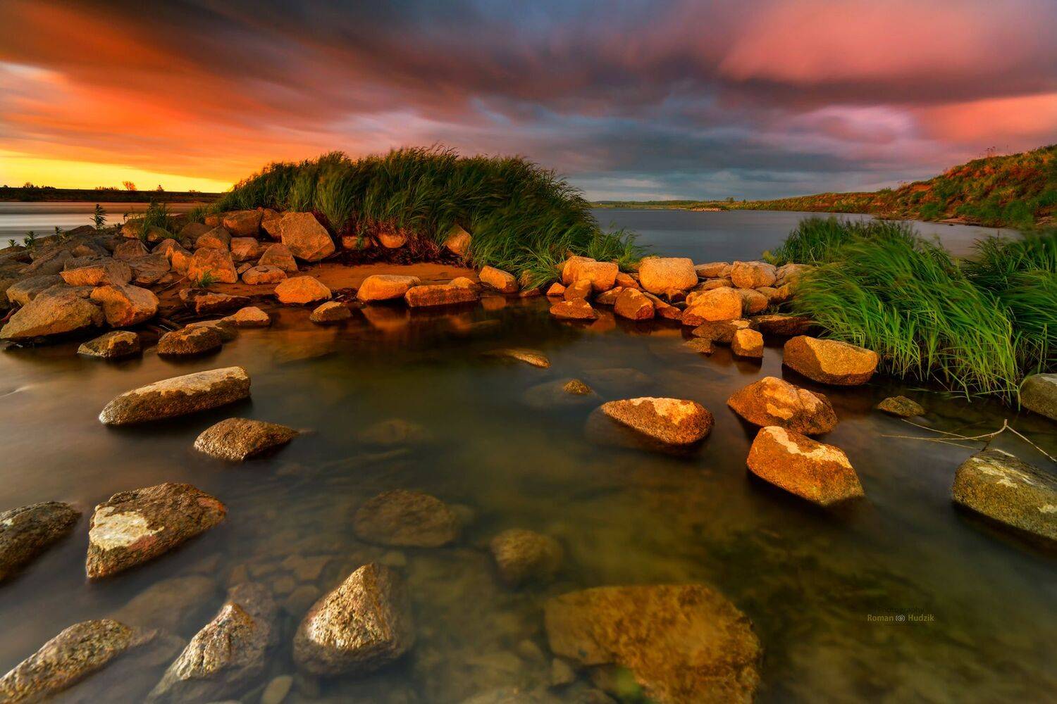 river, sunrise, sunset, stones, landscape, water, clouds,, Roman Hudzik