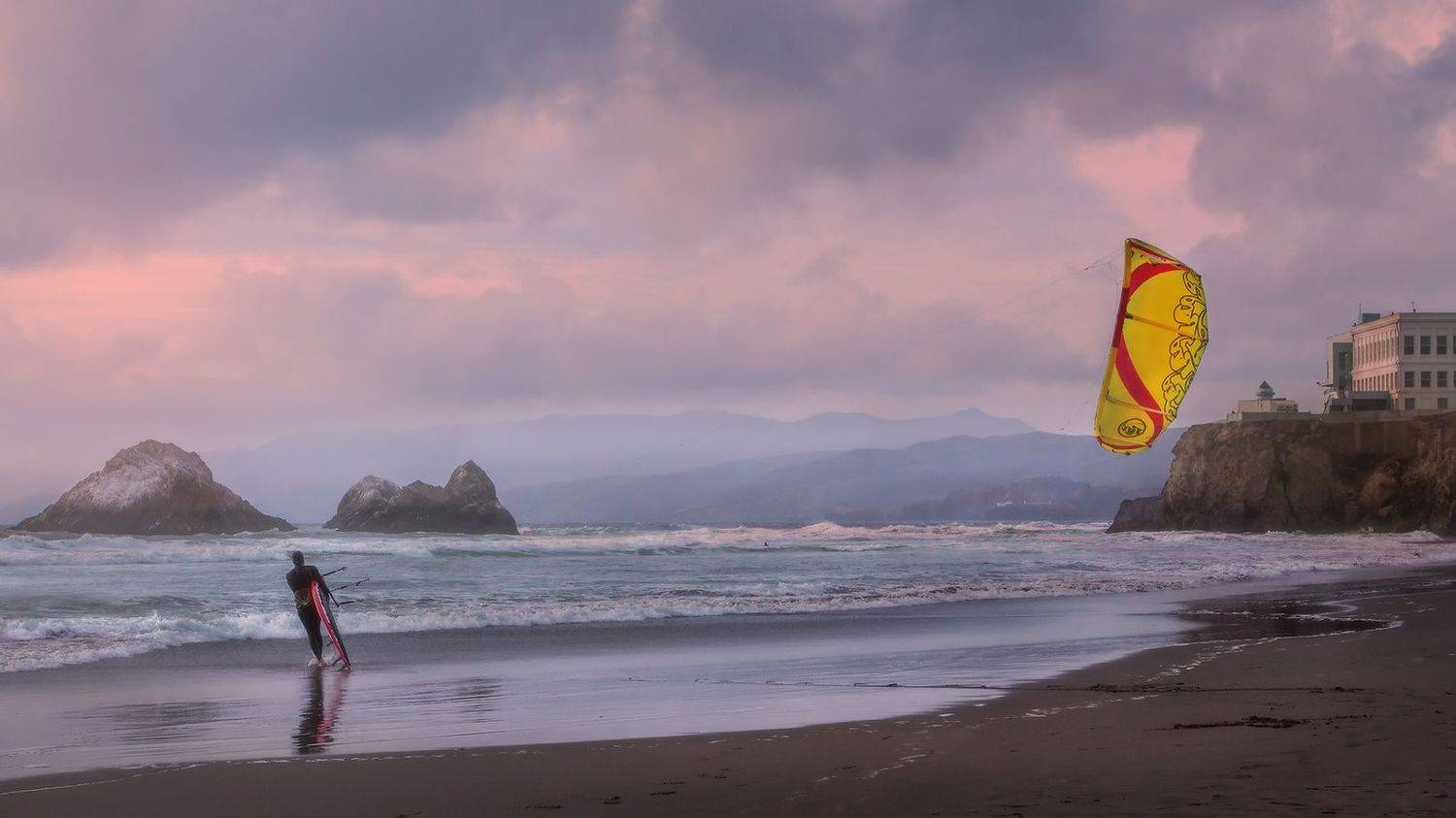pacific, kite, wind, waves, sunset, clouds, Evgeny Chertov