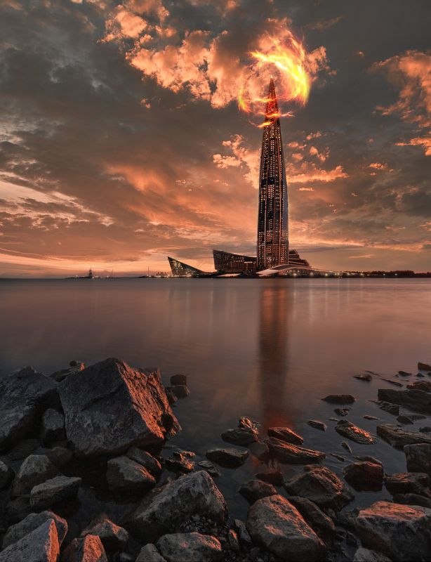 Лахтацентр, питер, архитектура, город, фантазия Питерское огненное око фото превью