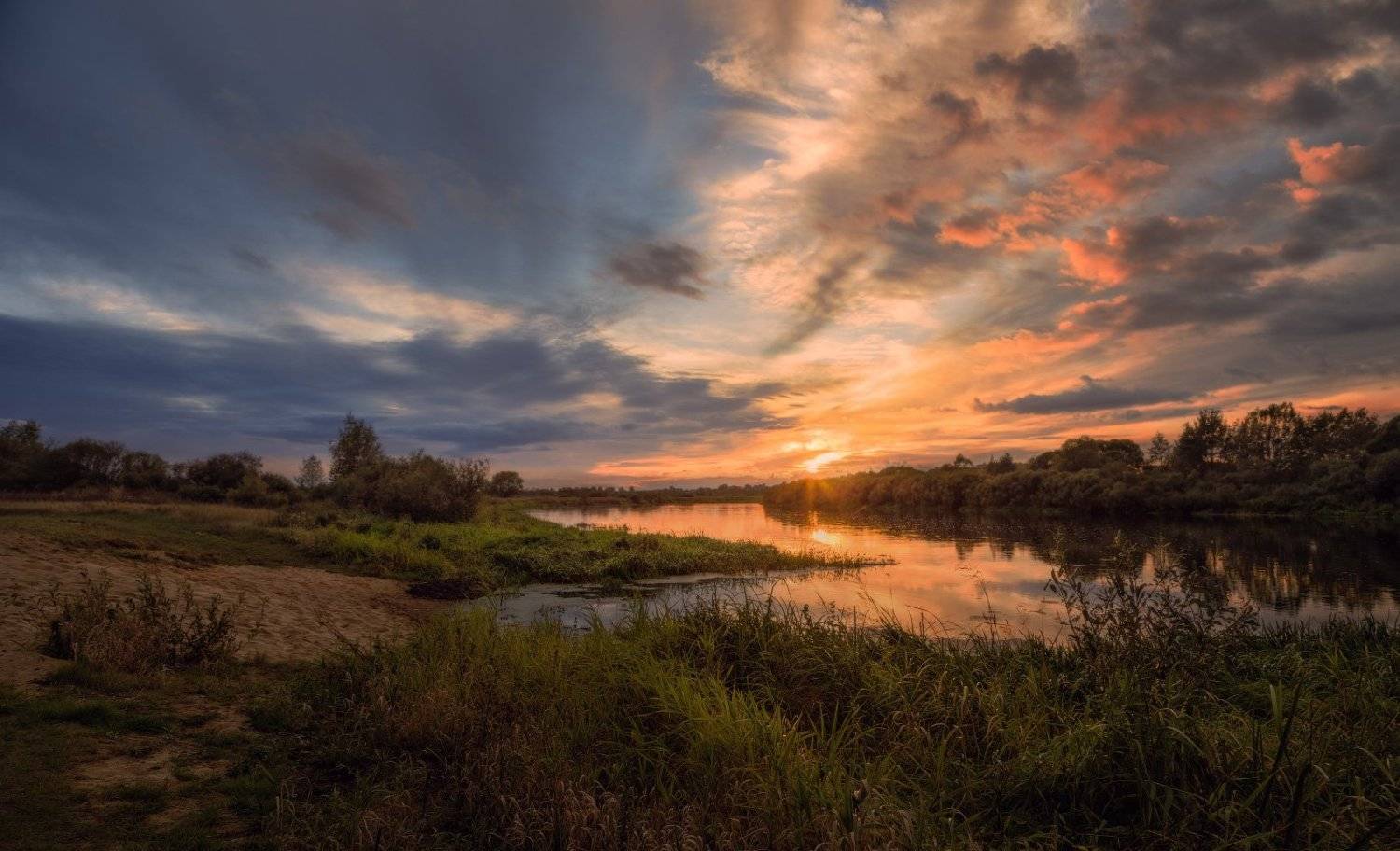 Берег, Закат, Облака, Река, Сентябрь, Михаил Кушнер