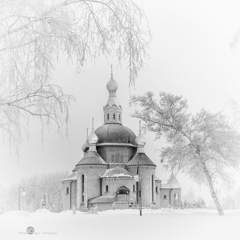 дубовое, церковь, храм, русская зима, temple, russian winter, православная зима,  мороз, иней, холод, frost, cold,  город, белгородская область, благословенная зима, белгородчина, белгород, архитектура, чёрно-белая фотография, дуплекс Благословенная зима фото превью