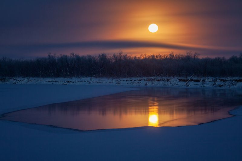 пейзаж север зима мороз закат луна Луна как солнце, и Солнце как Луна фото превью