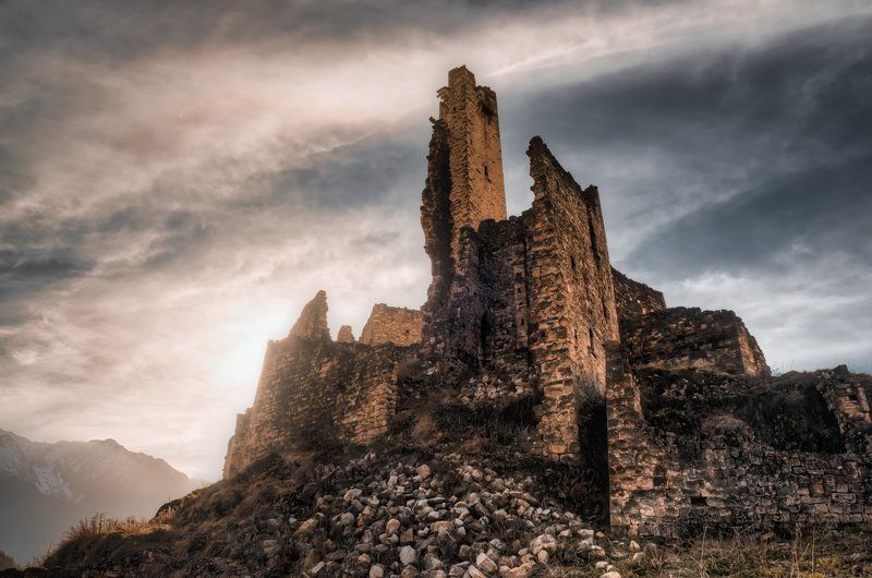 пейзаж, закат, горы, ингушетия Башенный комплекс \