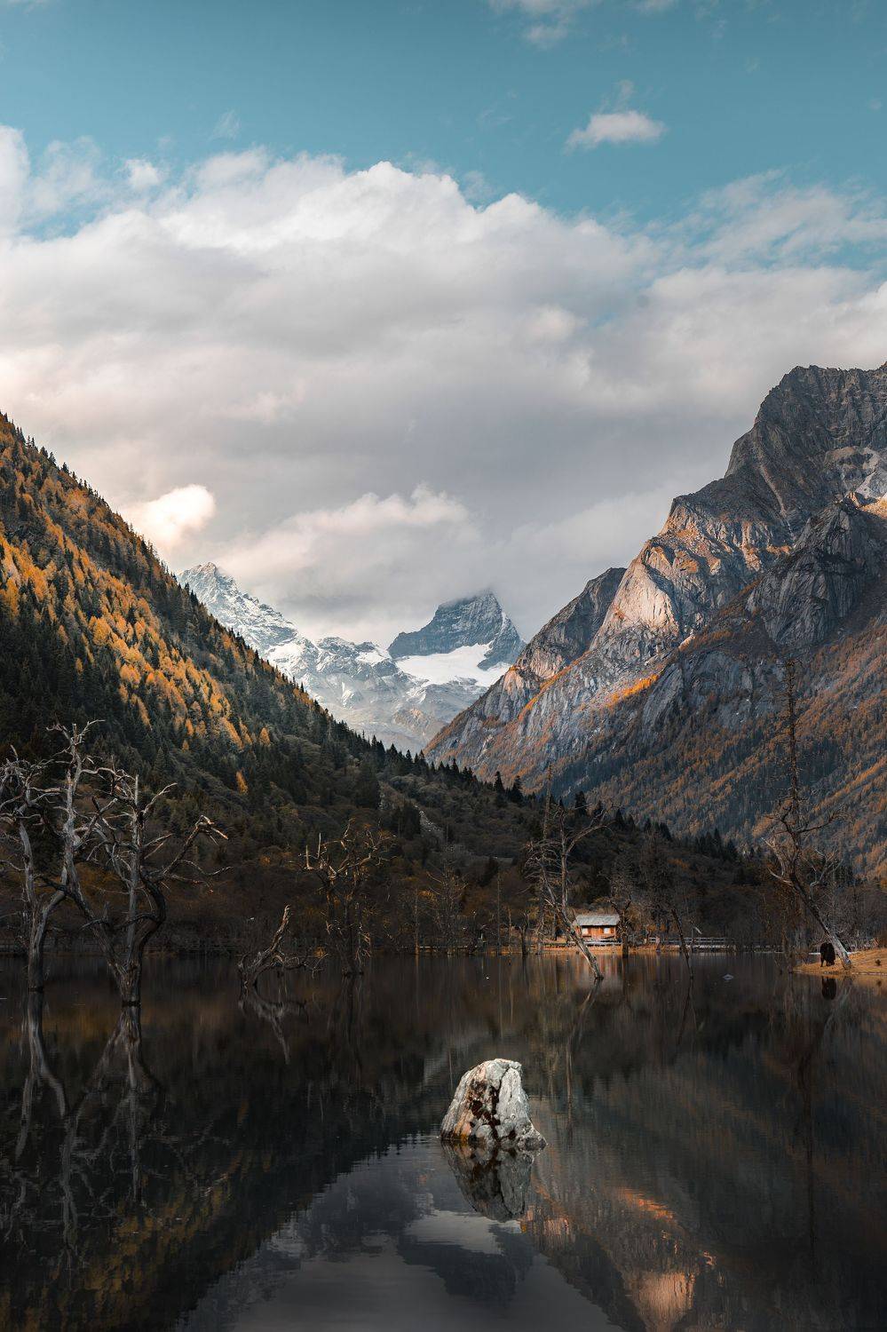 高原，湖泊，深秋，雪山，黄叶，倒影, Jim Chen