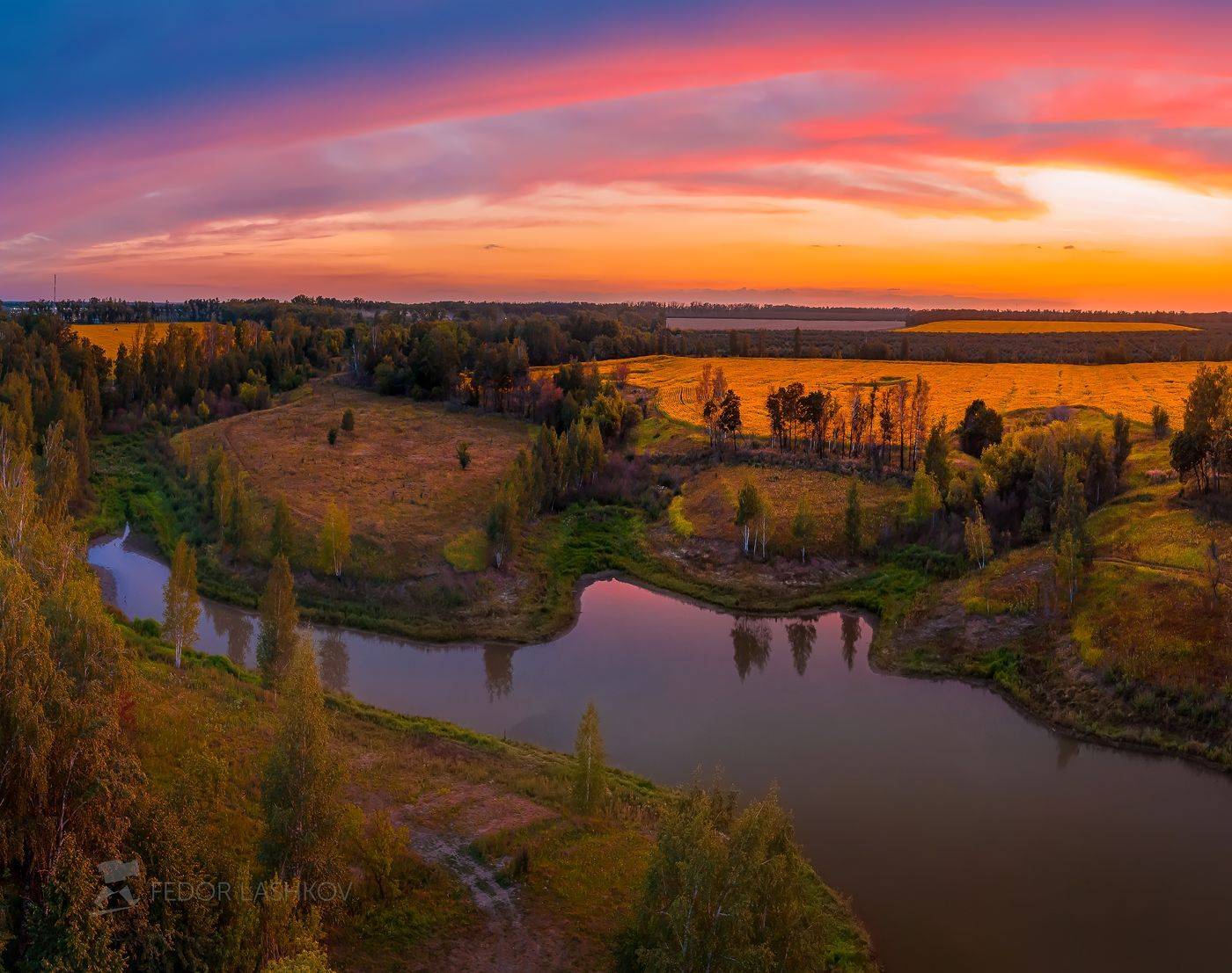 лебедянский район, липецкая область, подсолнух, закат, облака, небо, поле, сельскохозяйственное поле, оранжевый, жёлтый, тёплый, пруд, сумерки, водоём, берёзы,, Лашков Фёдор