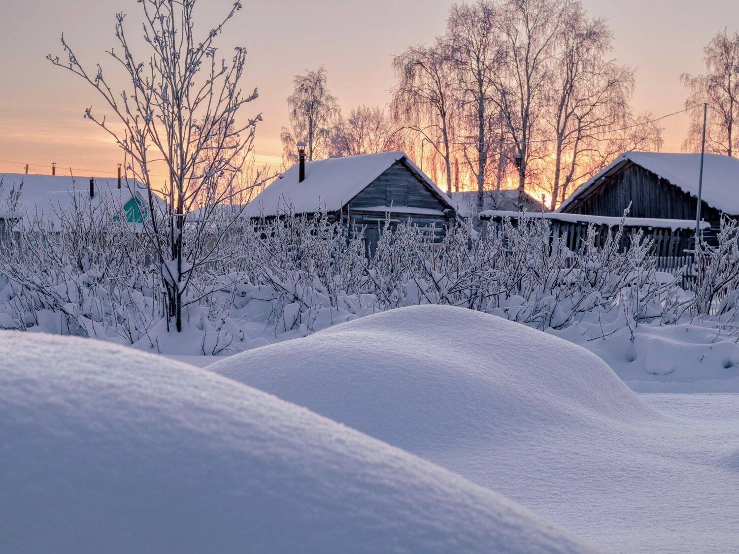 Зима, вечер, деревни, закат, винтаж, сугробы, снег, Александр Титов