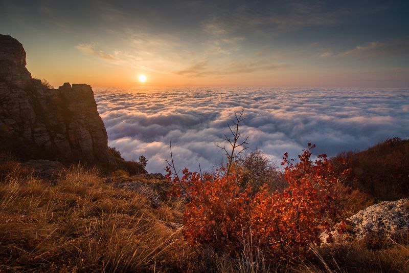осень, рассвет, облака Осенний рассвет над облаками фото превью