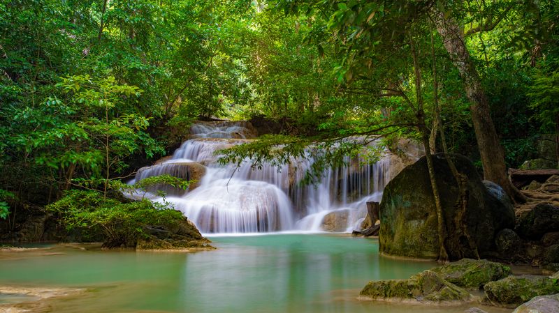 waterfall, jungle, nature, landscape, water, travel, thailand Erewan Jungle Falls фото превью