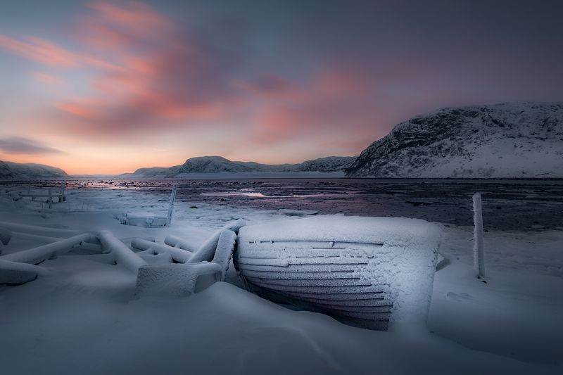 雪地，渔船，朝阳，日出，彩霞 雪国渔船 фото превью