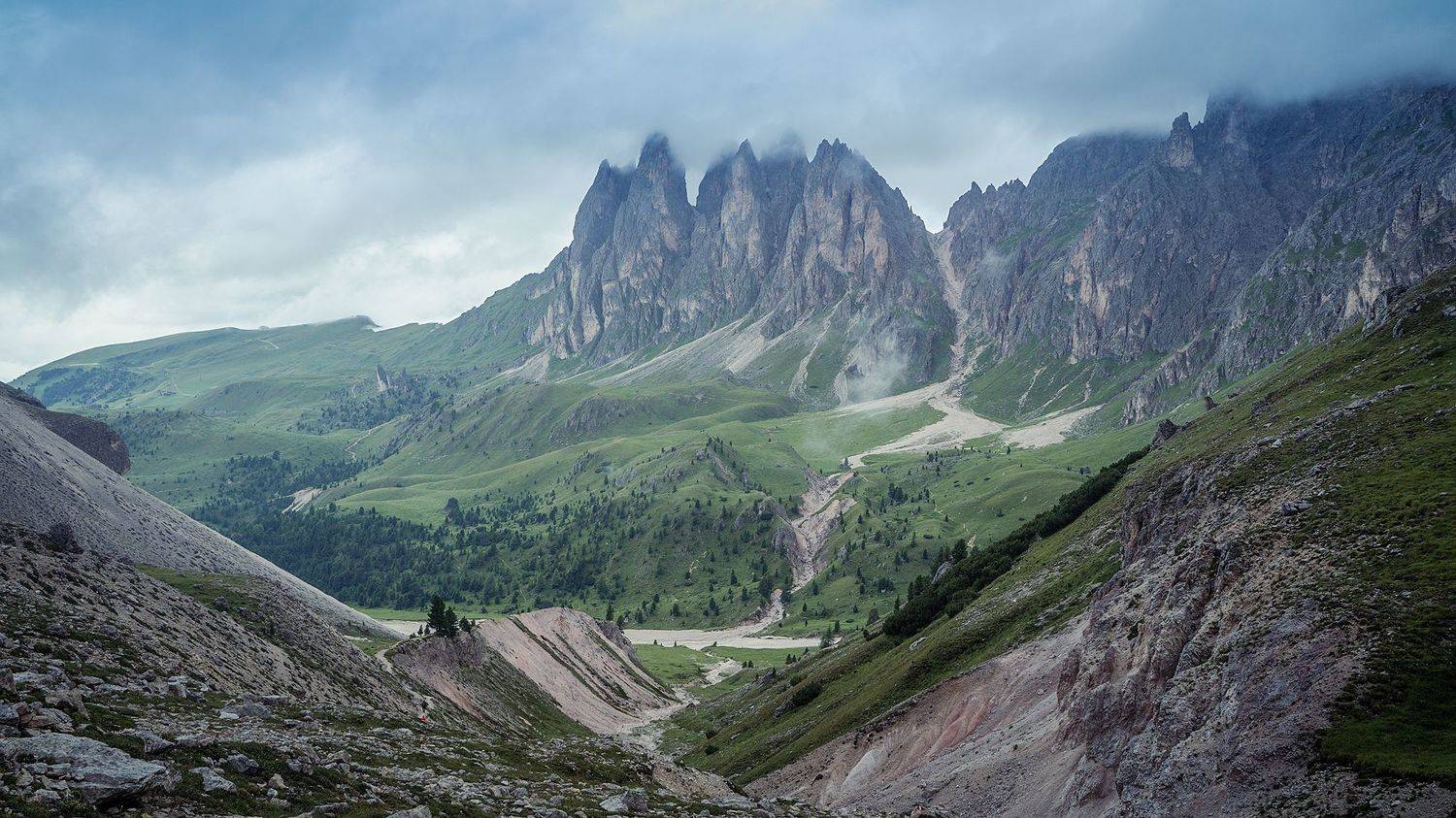 долина, сецеда, южный тироль, горы, облака, непогода, cisles-alm, fermedat&uuml;rme, Олег Мильбергер