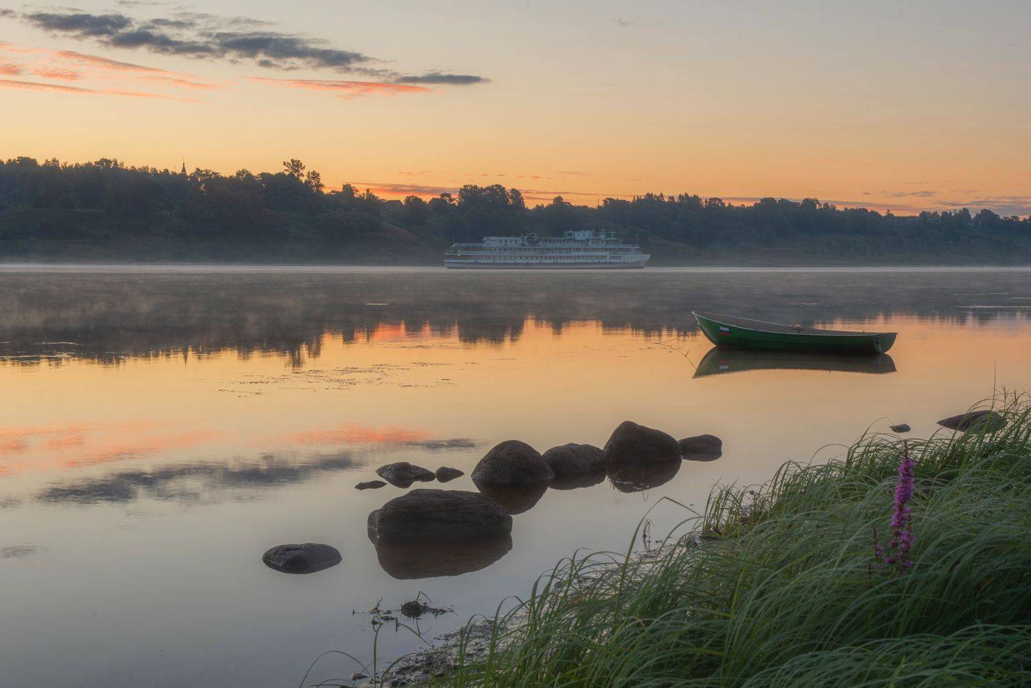 рассвет, лето, река, волга, теплоход, утро, берег, Сальников Евгений
