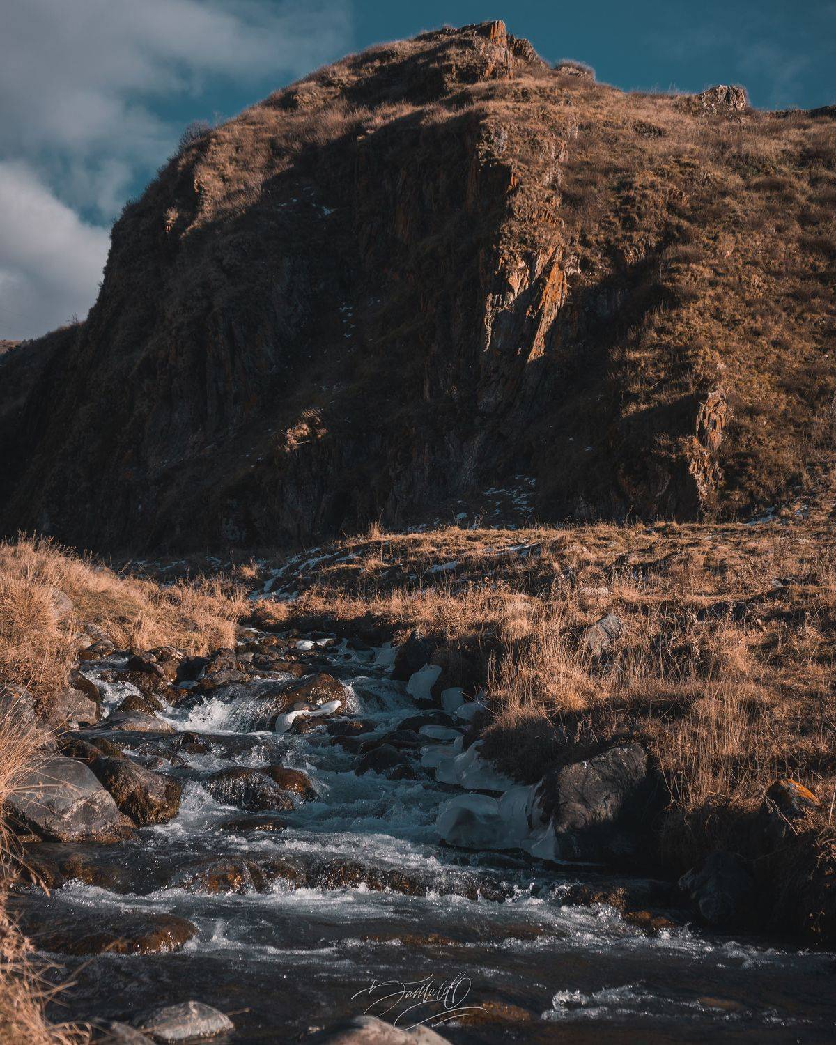 ручей, река, осетия, горы, лёд, скала, зима, пейзаж, день, Сармат Батагов