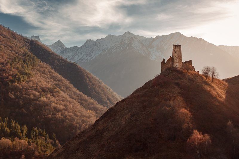 пейзаж, закат, горы, ингушетия Башенный комплекс \