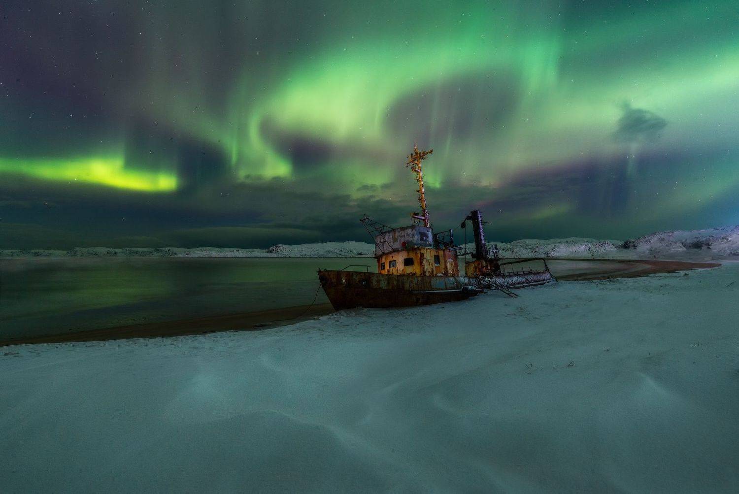 море, северное сияние, снег, корабль, аврора, зима, Cтанислав Малых