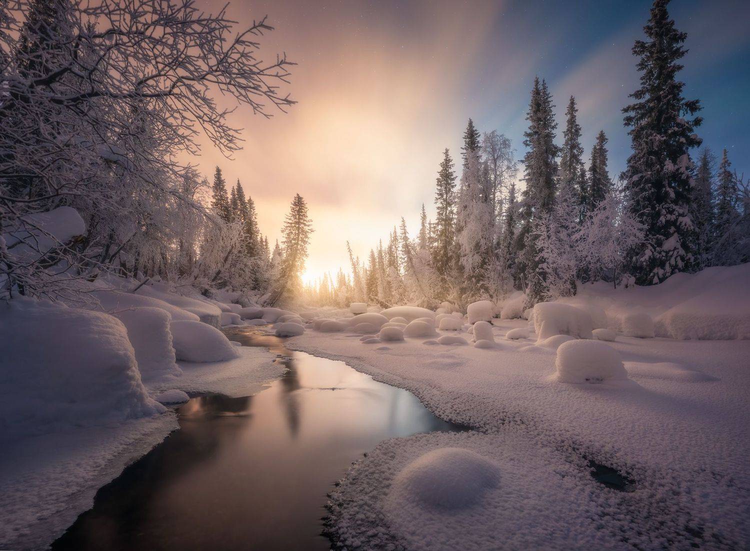 речка, закат, север, кольский, зима, ночь, Александр Дударев