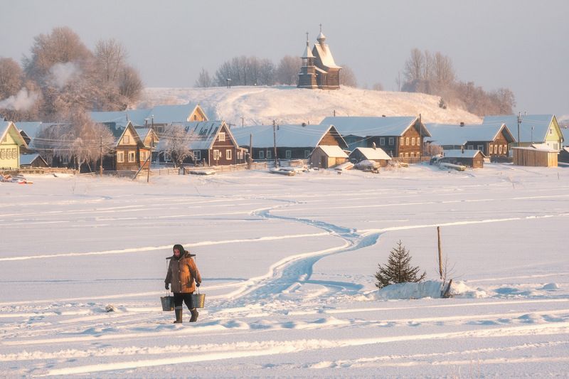 россия, архангельская область, русский север, пейзаж, природа, зима, деревянное зодчество, рассвет, кенозерье, нацпарк, кенозеро, снег Как в старину фото превью