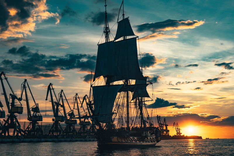 frigate, sea, sail, transportation, boat, ship, cruise, vessel, sailboat, historic, nautical, navigation, water, wooden, voyage, vintage, tall, sky, old, navy, wind, travel, maritime, galleon, transport, ancient, adventure, yacht, wave, marine, mast, anti The Frigate Shtandar in calm weather sailing sunset time Riga Latvia фото превью
