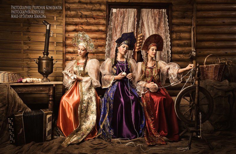 сказка о царе солтане, сказка, красивицы, русские девушки, русские девицы, косы, какошники, русские наряды, изба, царь, девушка, пилипчук константин. фото, красивая фотография. Сказка о царе Салтане фото превью